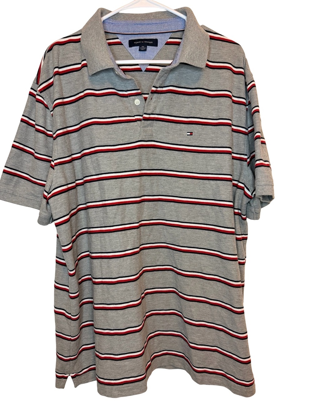 Tommy Hilfiger Striped Polo Shirt Gray Red White Short Sleeve Mens XXL